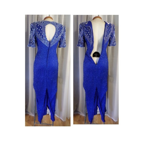 Vintage Long Blue Silk Gown Gold Beads Large Kazar - Picture 3 of 8